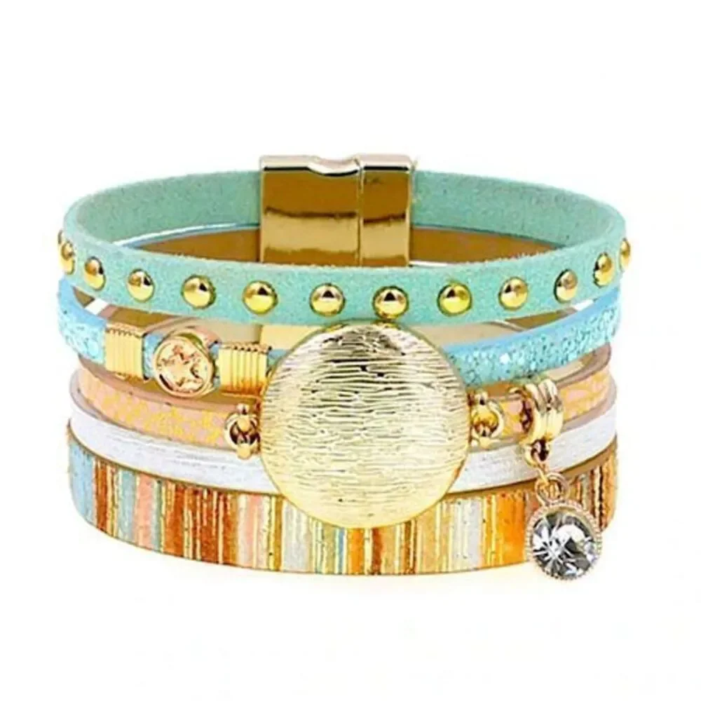 Boho Chic Multi-Layered Bracelet Teal Gold Studded Stripe Charm Bling Jewelry